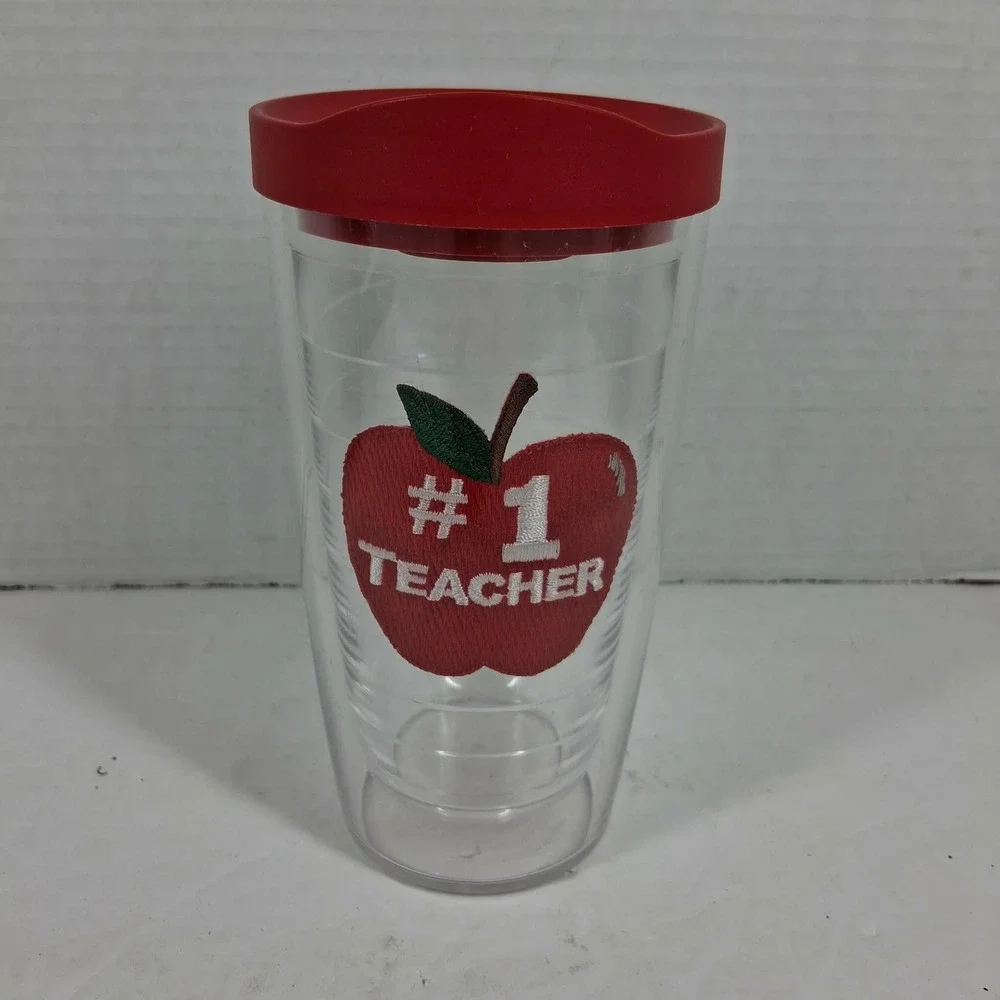 Tervis 16oz Insulated Tumbler with Red Lid #1 Teacher‎ Apple Patch Clear Cup
